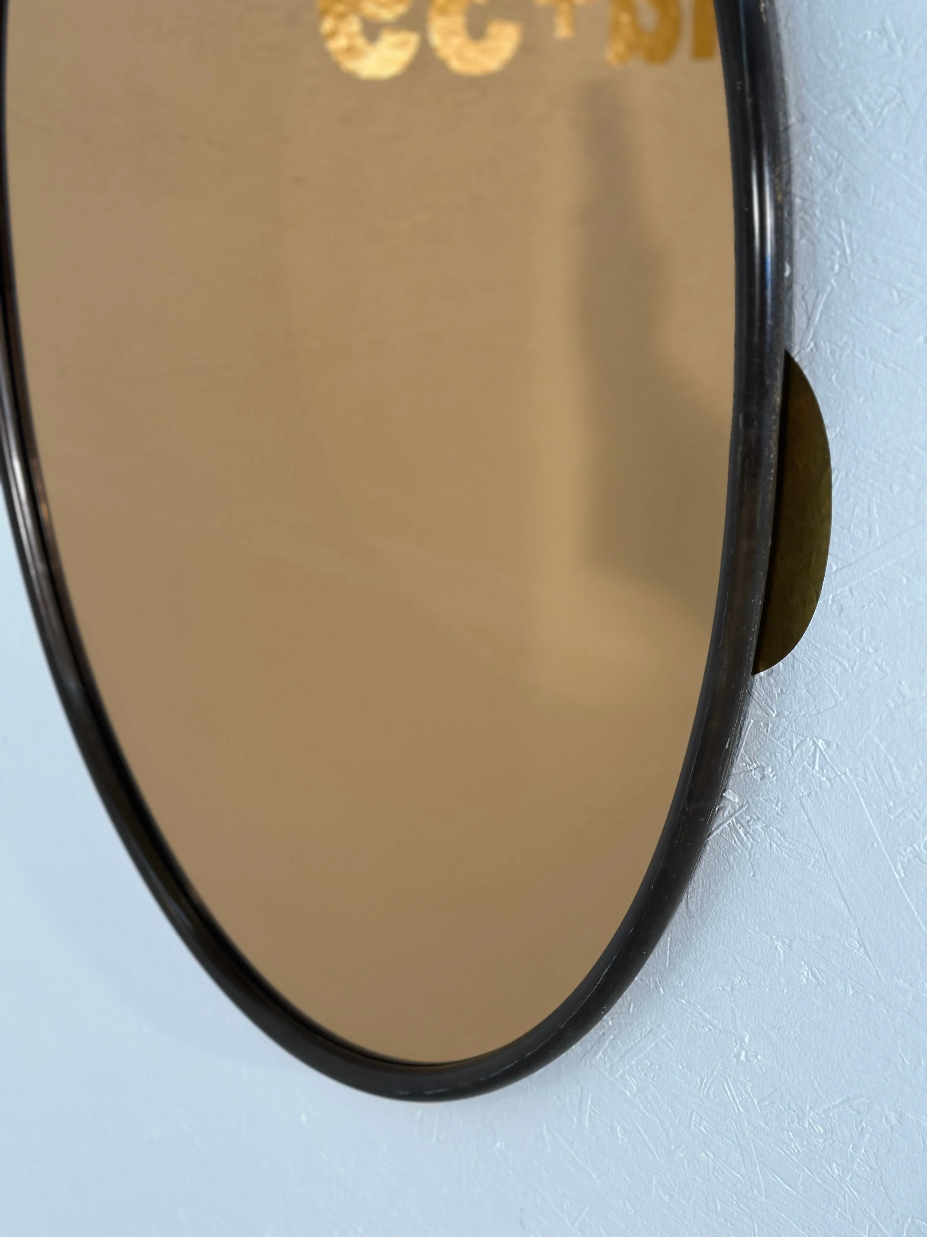 Vintage Italian Oval Wood Wall Mirror With Smoked Glass 1980s