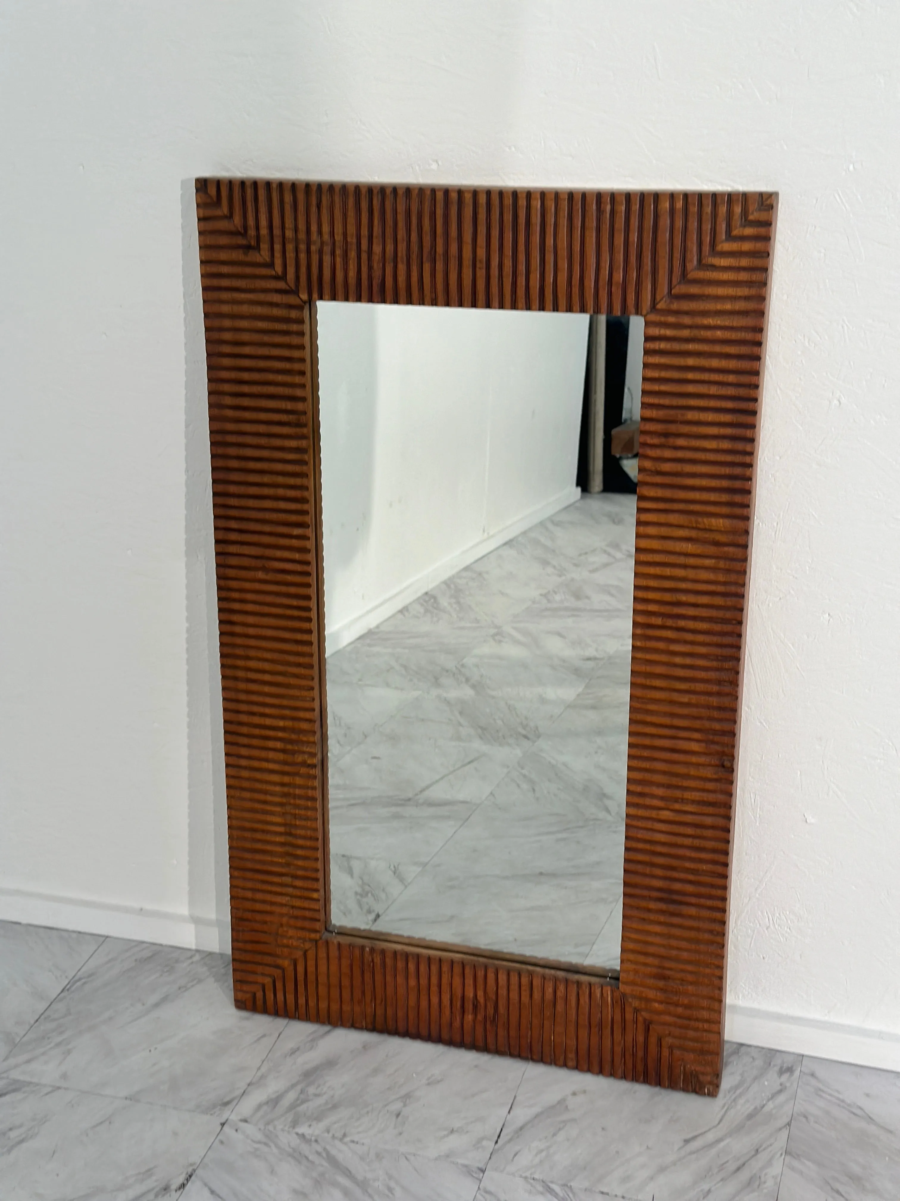 Vintage Unique Rectangular Wood Wall Mirror 1980s