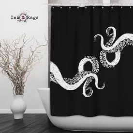 Wrapped in Tentacles Black Octopus Shower Curtains and Optional Bath Mats