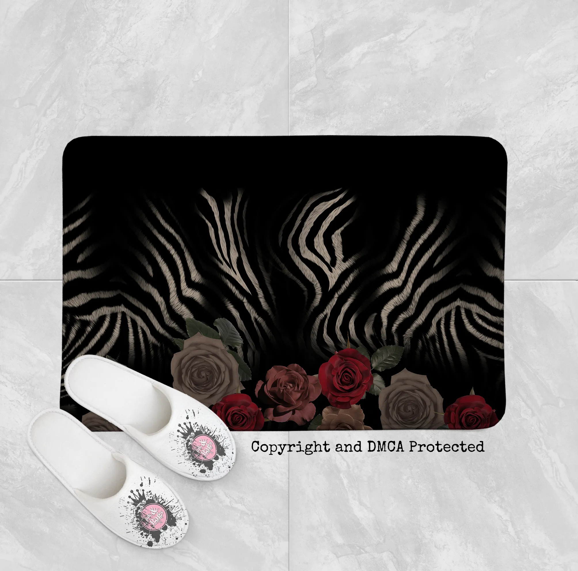 Zebra Rose Animal Print Shower Curtains and Optional Bath Mats